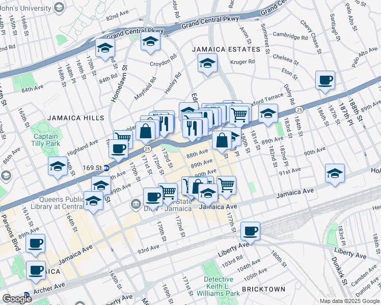 map of restaurants, bars, coffee shops, grocery stores, and more near 175-21 88th Avenue in Queens