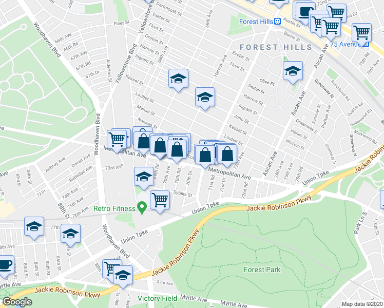 map of restaurants, bars, coffee shops, grocery stores, and more near 70-27 Olcott Street in Queens