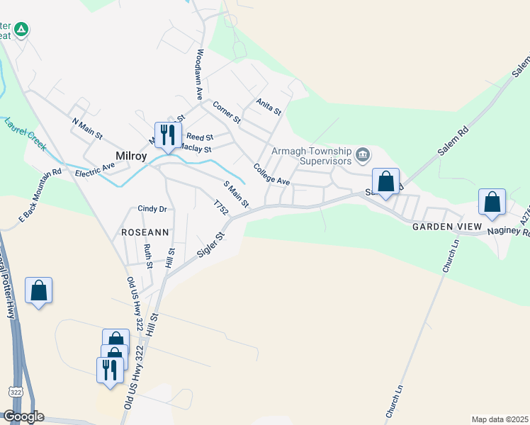 map of restaurants, bars, coffee shops, grocery stores, and more near 200 South Main Street in Milroy