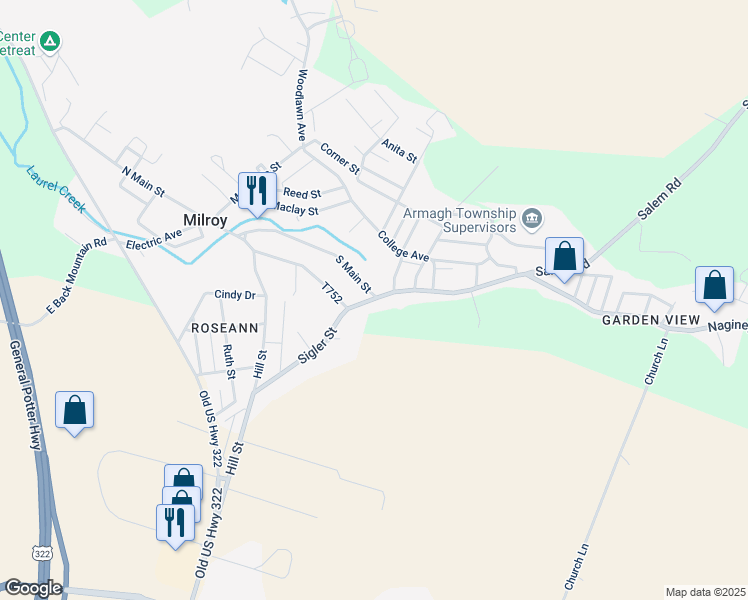 map of restaurants, bars, coffee shops, grocery stores, and more near 326 Sigler Street in Milroy