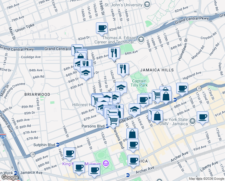 map of restaurants, bars, coffee shops, grocery stores, and more near 161-8 Normal Road in Queens