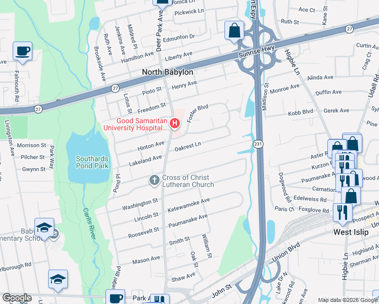 map of restaurants, bars, coffee shops, grocery stores, and more near 47 Village Line Road in Babylon