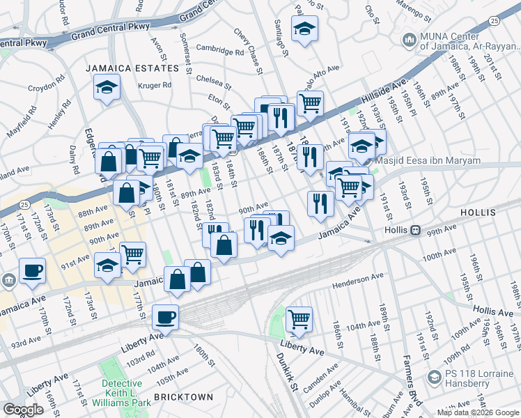 map of restaurants, bars, coffee shops, grocery stores, and more near 90-01 184th Place in Queens