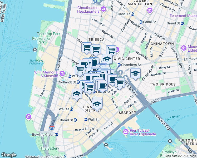 map of restaurants, bars, coffee shops, grocery stores, and more near 1 Beekman Street in New York