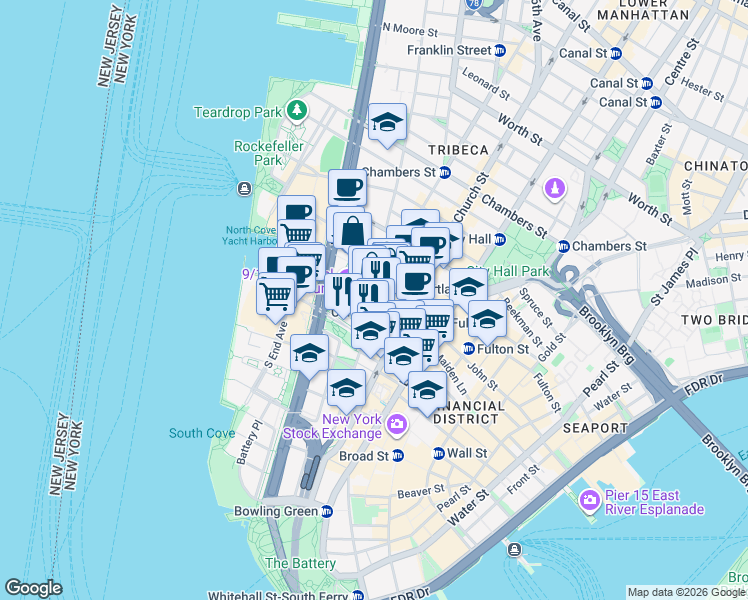 map of restaurants, bars, coffee shops, grocery stores, and more near 175 Greenwich Street in New York