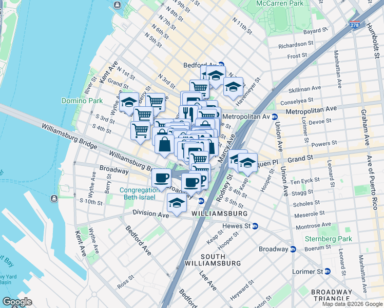 map of restaurants, bars, coffee shops, grocery stores, and more near 209 South 3rd Street in Brooklyn