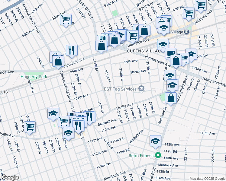 map of restaurants, bars, coffee shops, grocery stores, and more near 104-10 212th Street in Queens