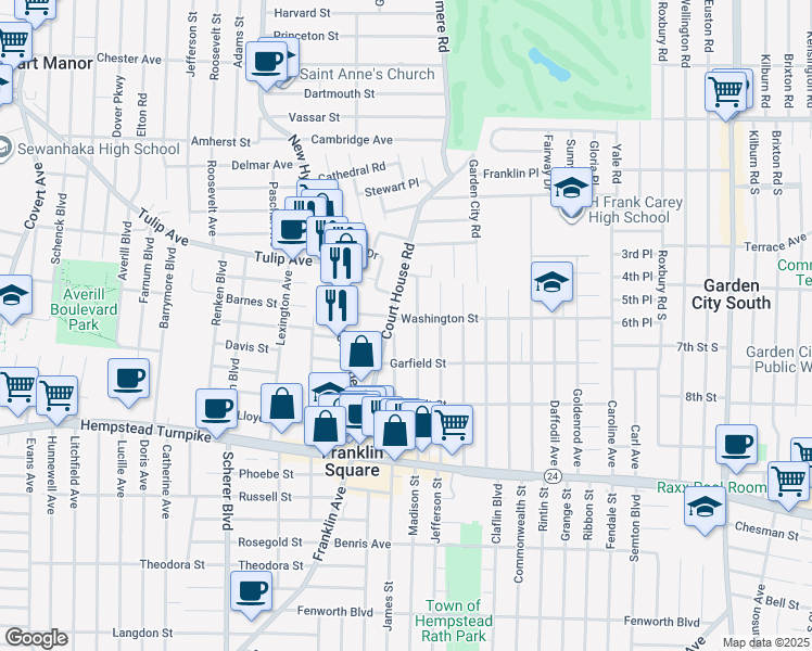 map of restaurants, bars, coffee shops, grocery stores, and more near 911 Washington Street in Franklin Square