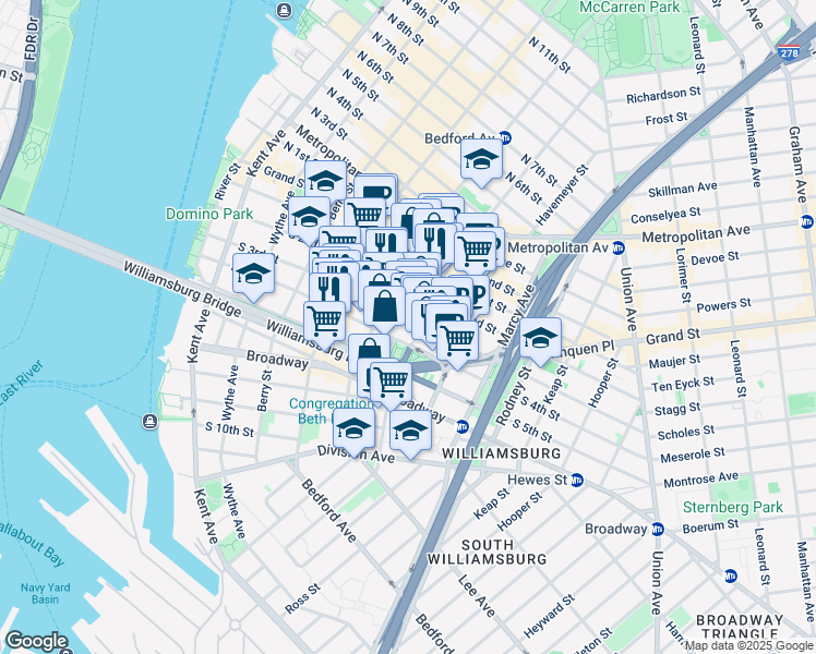 map of restaurants, bars, coffee shops, grocery stores, and more near 186 South 3rd Street in Brooklyn