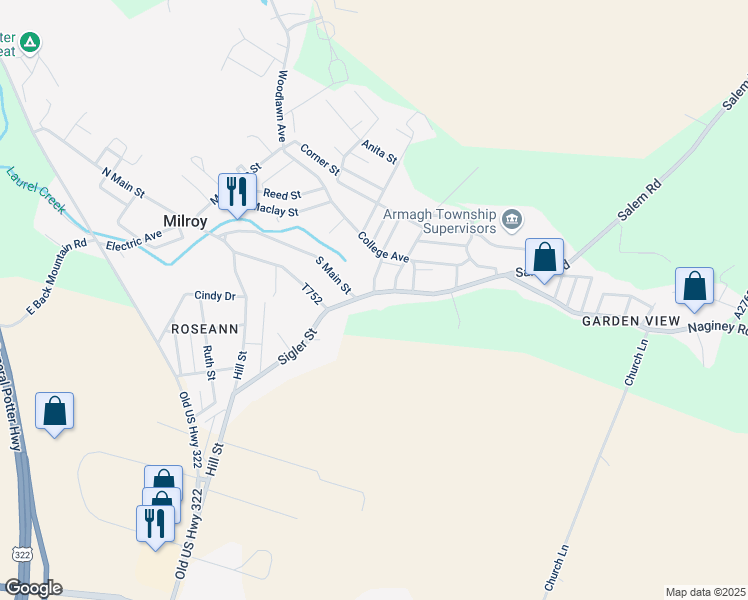 map of restaurants, bars, coffee shops, grocery stores, and more near 200 South Main Street in Milroy