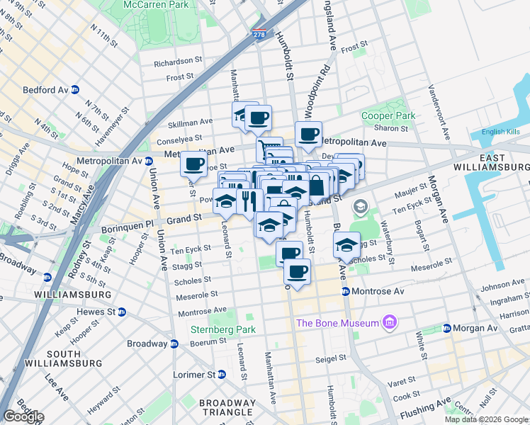 map of restaurants, bars, coffee shops, grocery stores, and more near 702 Grand Street in Brooklyn
