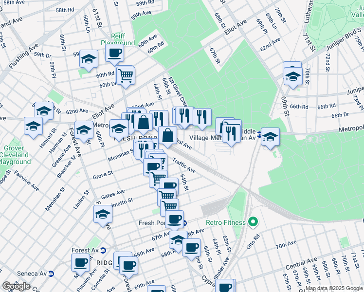 map of restaurants, bars, coffee shops, grocery stores, and more near 64-58 Admiral Avenue in Queens