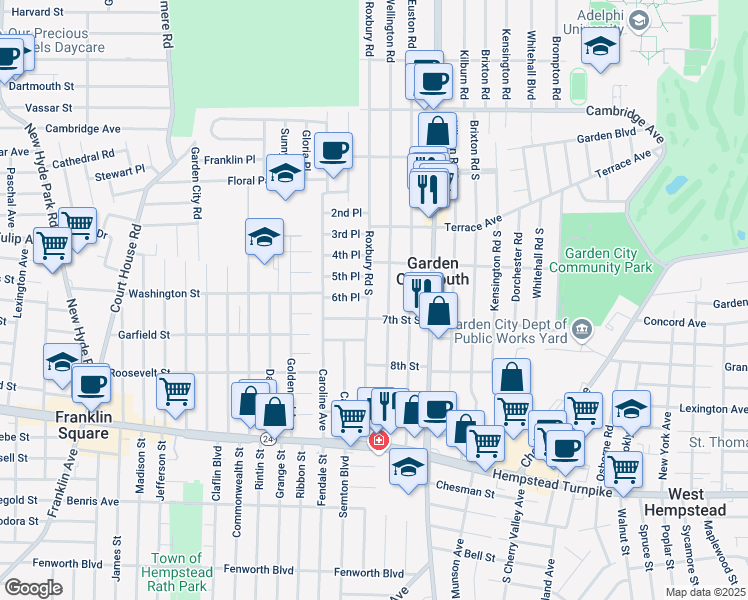map of restaurants, bars, coffee shops, grocery stores, and more near 180 Roxbury Road South in Garden City