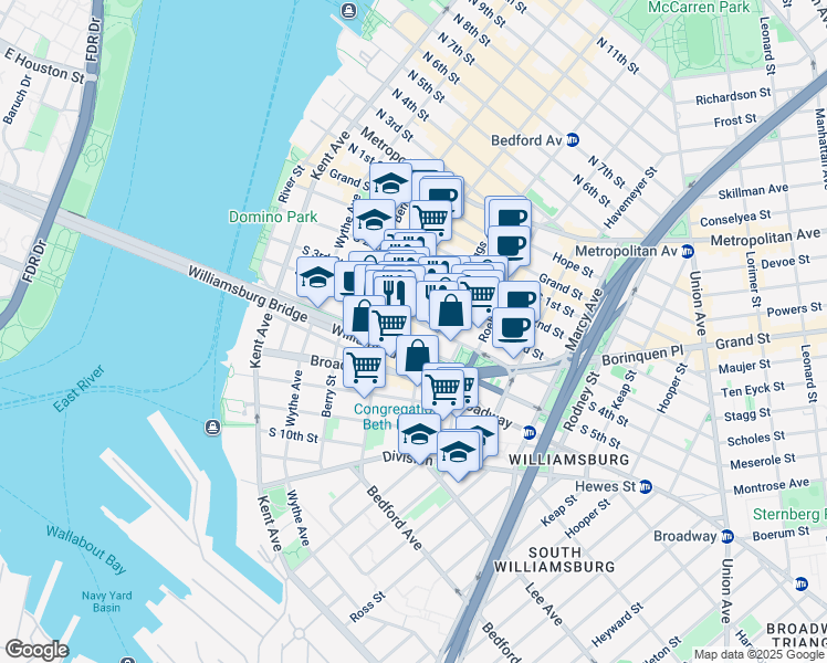 map of restaurants, bars, coffee shops, grocery stores, and more near 152 South 4th Street in Brooklyn