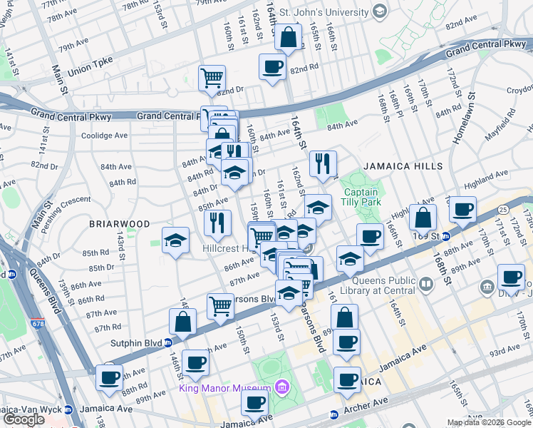 map of restaurants, bars, coffee shops, grocery stores, and more near 85-30 160th Street in Queens