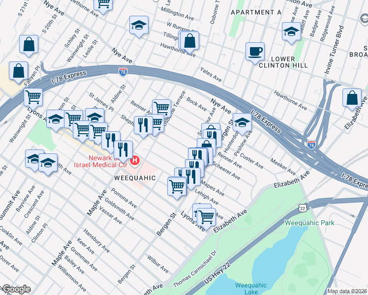 map of restaurants, bars, coffee shops, grocery stores, and more near 151 Scheerer Avenue in Newark