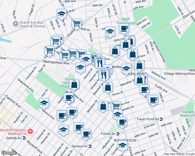map of restaurants, bars, coffee shops, grocery stores, and more near 22-11 Greene Avenue in Queens