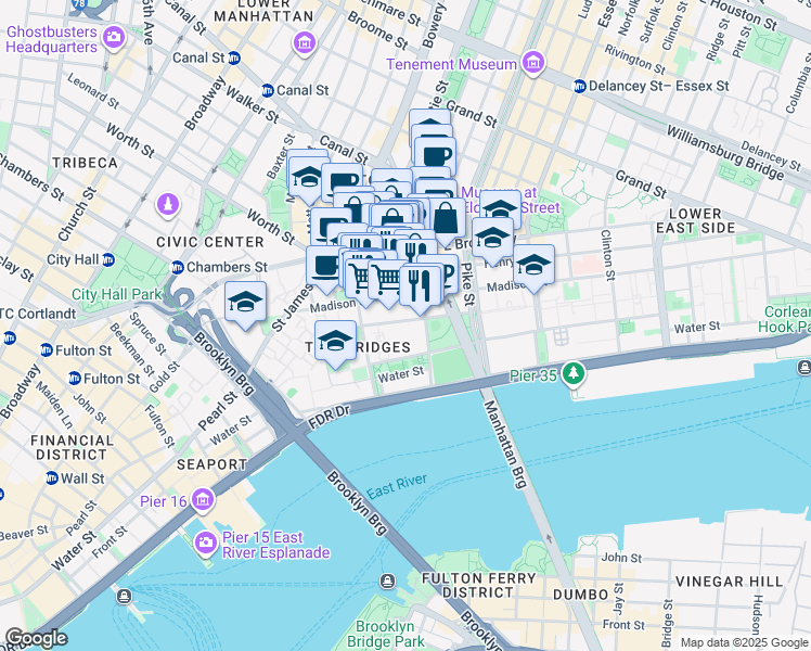 map of restaurants, bars, coffee shops, grocery stores, and more near 34 Monroe Street in New York