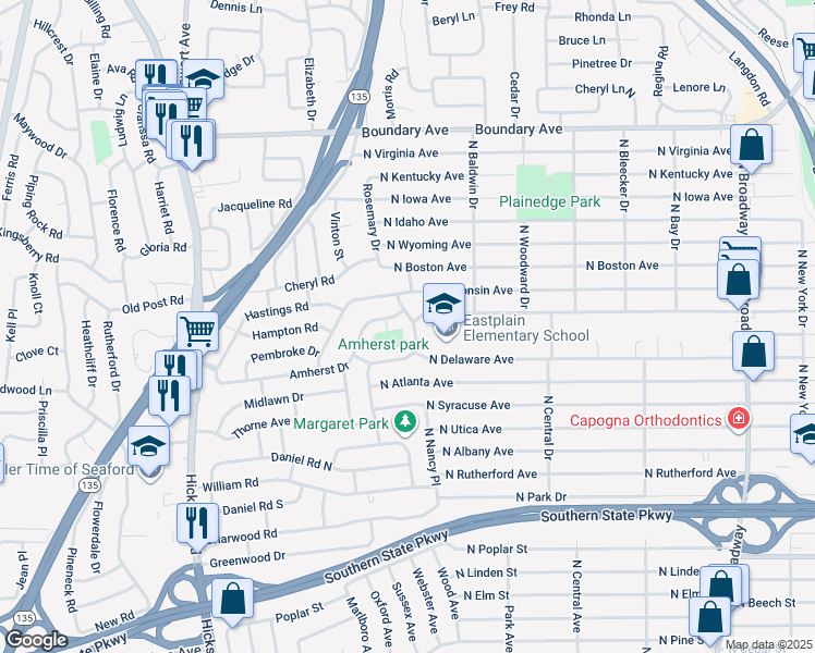 map of restaurants, bars, coffee shops, grocery stores, and more near 24 Brookline Drive in Massapequa