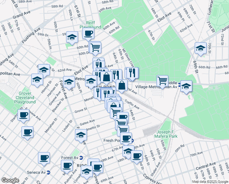 map of restaurants, bars, coffee shops, grocery stores, and more near 63-35 Fresh Pond Road in Queens