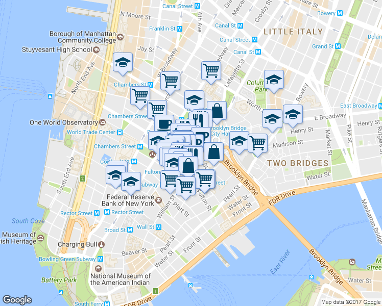 map of restaurants, bars, coffee shops, grocery stores, and more near 44 Frankfort Street in New York