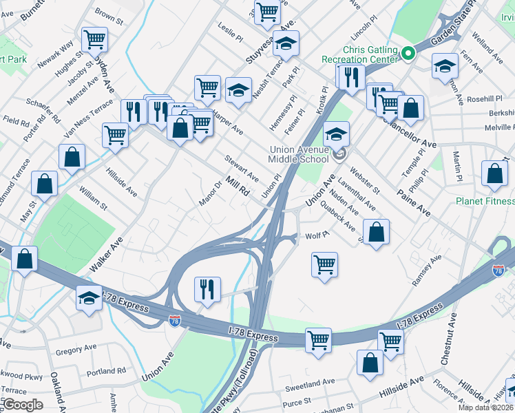 map of restaurants, bars, coffee shops, grocery stores, and more near 135 Mill Road in Irvington