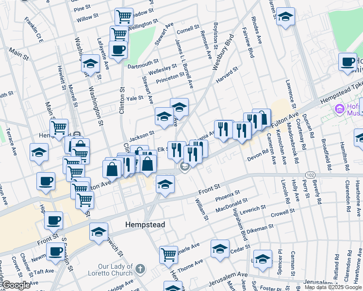map of restaurants, bars, coffee shops, grocery stores, and more near 21 Pennsylvania Avenue in Hempstead