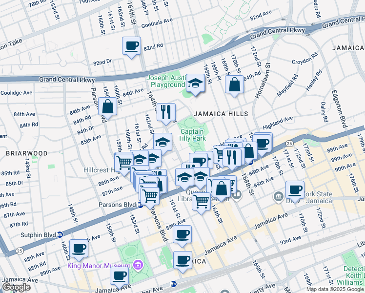 map of restaurants, bars, coffee shops, grocery stores, and more near 164-15 86th Road in Queens