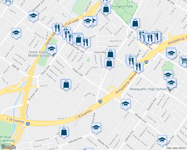 map of restaurants, bars, coffee shops, grocery stores, and more near 28 Dupont Place in Irvington