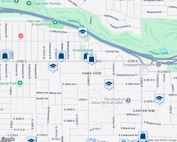 map of restaurants, bars, coffee shops, grocery stores, and more near 2755 South 2000 East in Salt Lake City