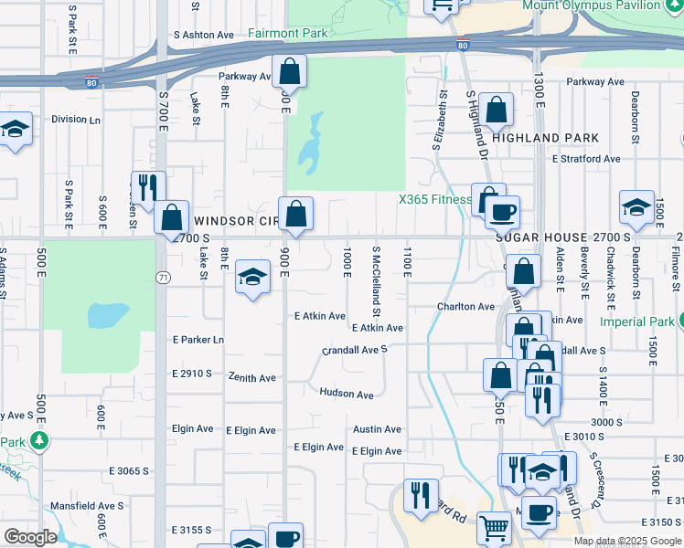 map of restaurants, bars, coffee shops, grocery stores, and more near 2747 South 1000 East in Salt Lake City