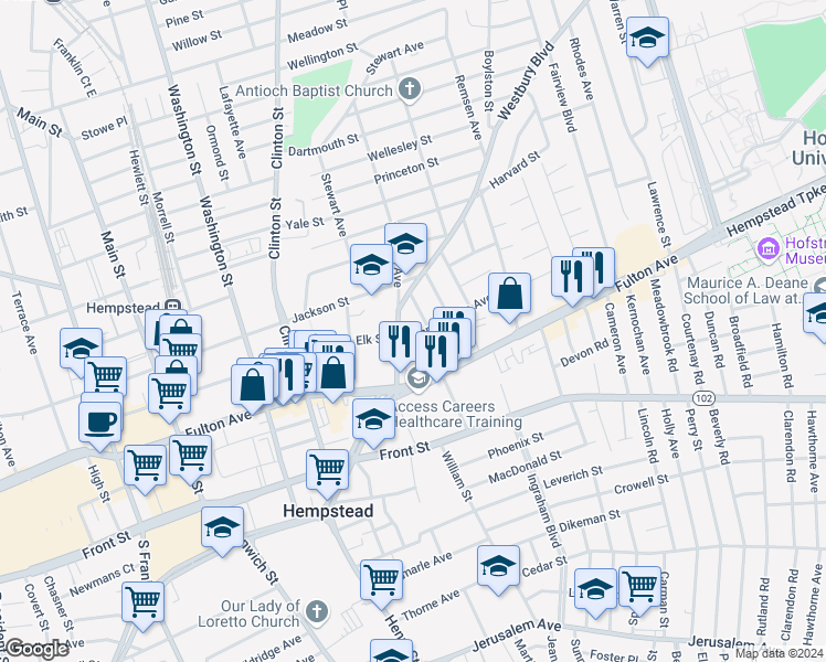 map of restaurants, bars, coffee shops, grocery stores, and more near 21 Pennsylvania Avenue in Hempstead