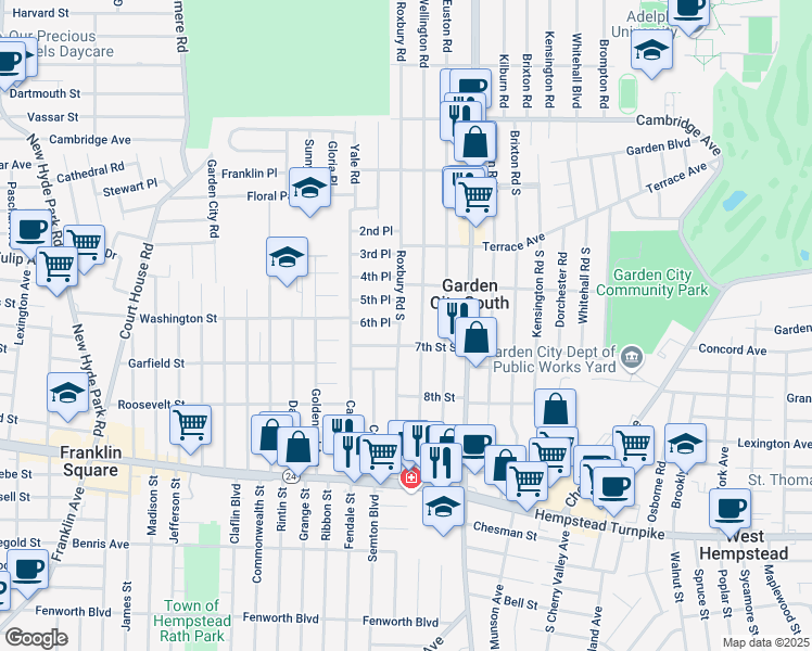 map of restaurants, bars, coffee shops, grocery stores, and more near 180 Roxbury Road South in Garden City