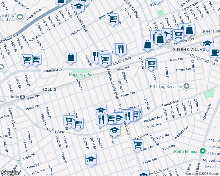 map of restaurants, bars, coffee shops, grocery stores, and more near 100-11 205th Place in Queens