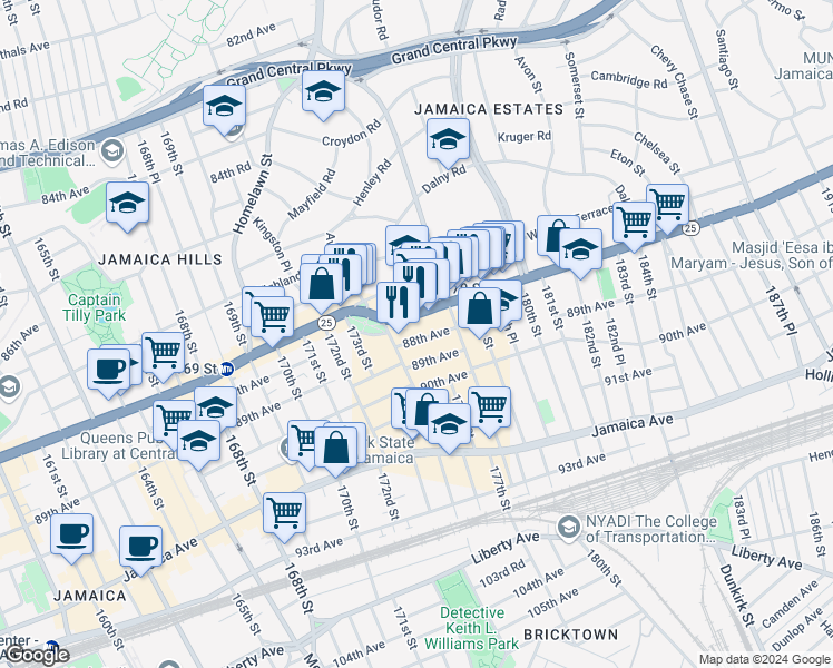 map of restaurants, bars, coffee shops, grocery stores, and more near 175-21 88th Avenue in Queens