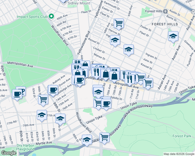 map of restaurants, bars, coffee shops, grocery stores, and more near 8807 69th Avenue in Queens