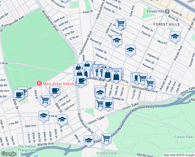 map of restaurants, bars, coffee shops, grocery stores, and more near 8807 69th Avenue in Queens