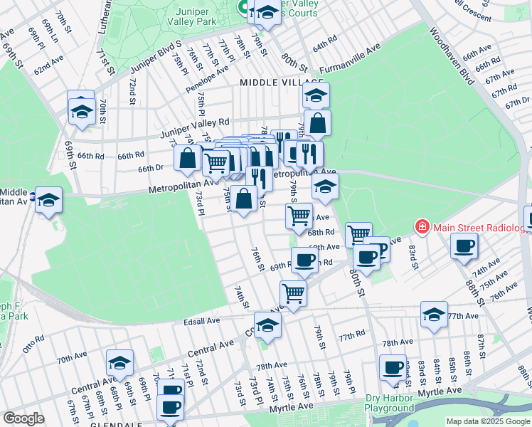 map of restaurants, bars, coffee shops, grocery stores, and more near 67-57 78th Street in Queens