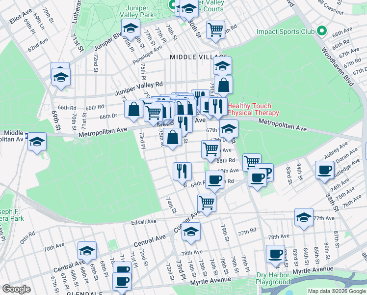 map of restaurants, bars, coffee shops, grocery stores, and more near 67-57 78th Street in Queens