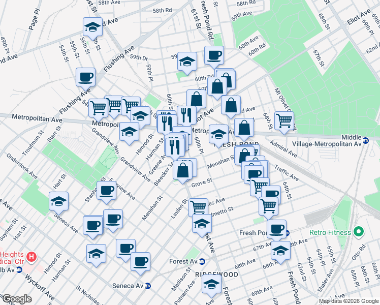 map of restaurants, bars, coffee shops, grocery stores, and more near 62-78 60th Place in Queens