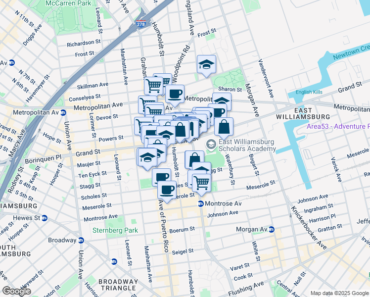 map of restaurants, bars, coffee shops, grocery stores, and more near 800 Grand Street in Brooklyn
