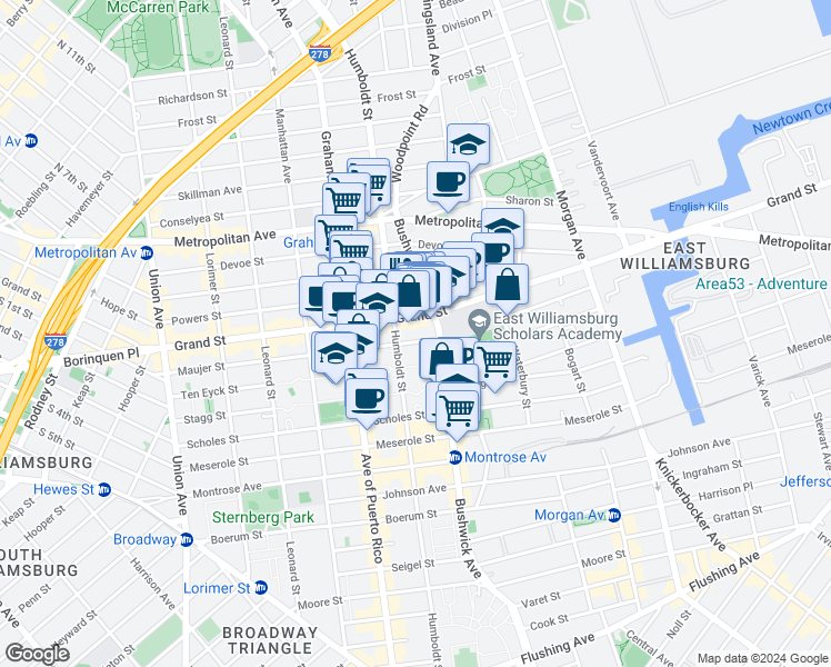 map of restaurants, bars, coffee shops, grocery stores, and more near 800 Grand Street in Brooklyn