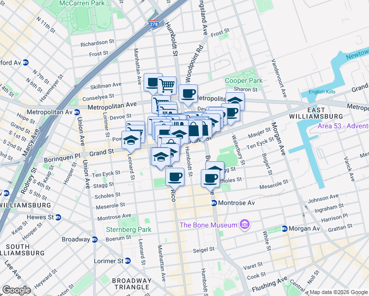 map of restaurants, bars, coffee shops, grocery stores, and more near 770 Grand Street in Brooklyn