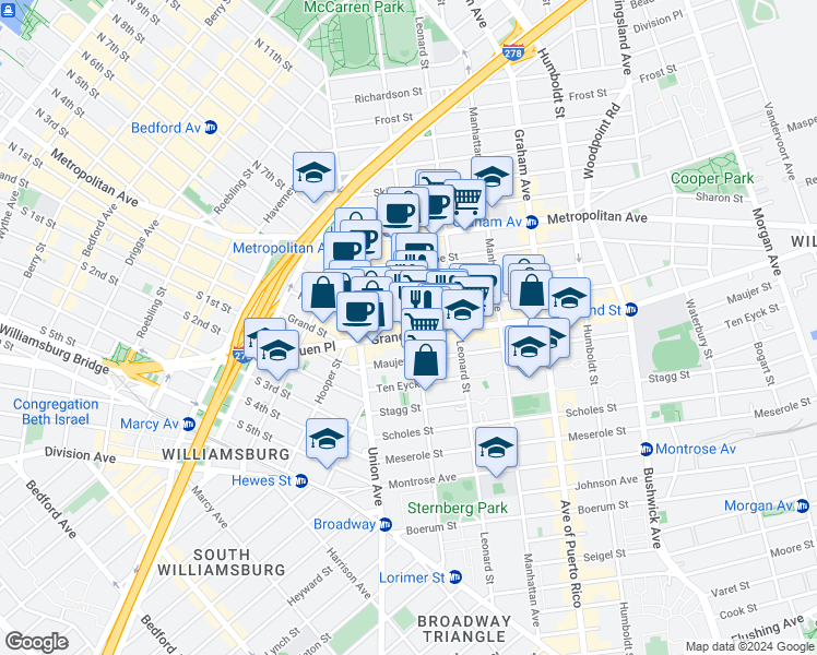 map of restaurants, bars, coffee shops, grocery stores, and more near 559 Grand Street in Brooklyn