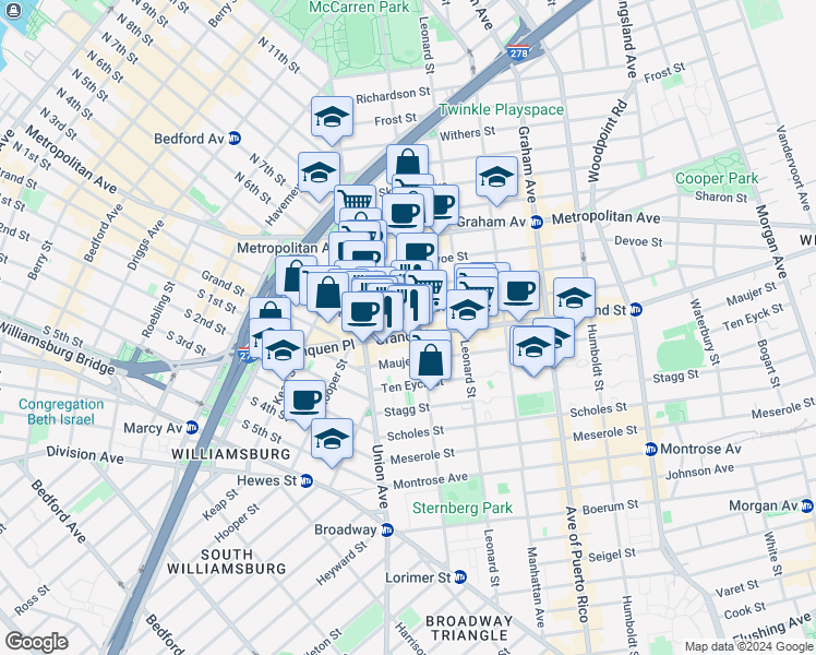 map of restaurants, bars, coffee shops, grocery stores, and more near 30 Powers Street in Brooklyn