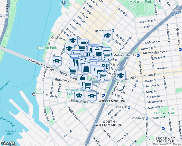 map of restaurants, bars, coffee shops, grocery stores, and more near 186 South 3rd Street in Brooklyn