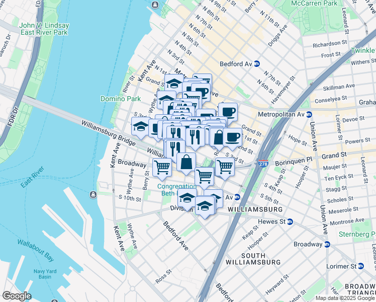 map of restaurants, bars, coffee shops, grocery stores, and more near 152 South 4th Street in Brooklyn