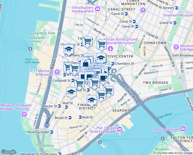 map of restaurants, bars, coffee shops, grocery stores, and more near 1 Beekman Street in New York