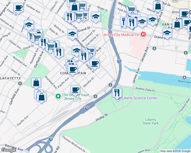 map of restaurants, bars, coffee shops, grocery stores, and more near 56 Maple Street in Jersey City