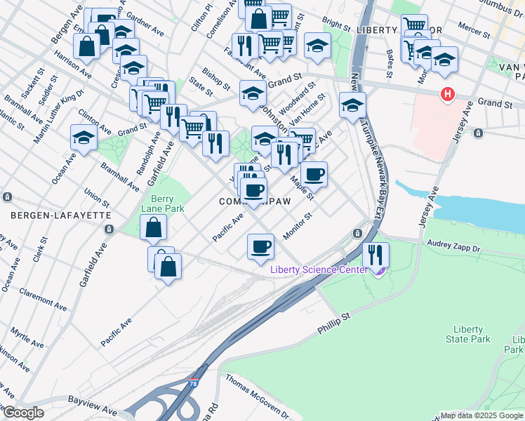 map of restaurants, bars, coffee shops, grocery stores, and more near 304 Whiton Street in Jersey City